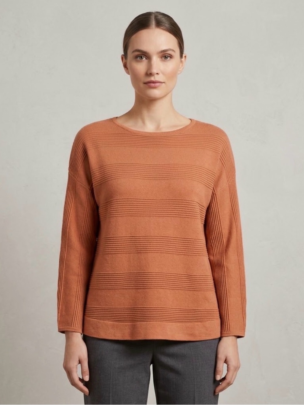 NWT T Tahari Plus Size 1X Textured Horizontal Rib Knit Sweater Terracotta Orange
